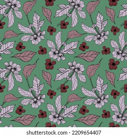 Drawn vector floral pattern. Monochrome. Olive background. Bloom. Green. Branch with flowers. Seamless fabric pattern. Home textiles.