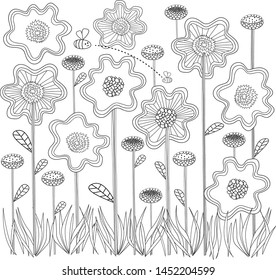 

drawn vector flowers for coloring. field of flowers