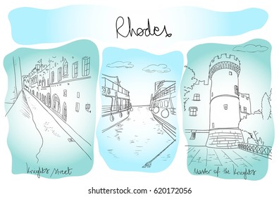 Drawn vector hand, three drawings Rhodes town and famous landmarks