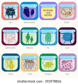 Drawn vector humanized viruses and microbes in test-tube like monsters set