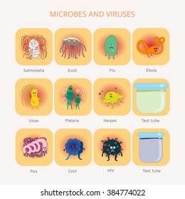 Drawn vector humanized viruses and microbes in test-tube like monsters set
