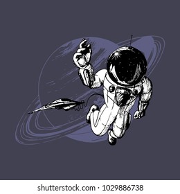 Drawn vector illustration of astronaut and space shuttle on Saturn background. Inspirational science poster, card etc. Hand sketch in retro futuristic style. 