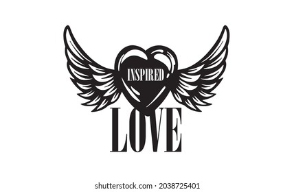 Drawn vector illustration of a heart and wings on a white background