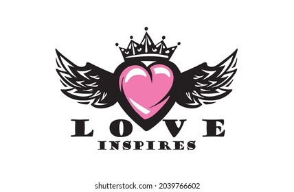 Drawn vector illustration of a heart and wings on a white background