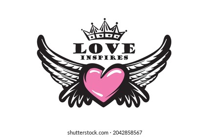 Drawn vector illustration of a heart and wings on a white background
