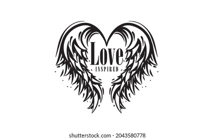 Drawn vector illustration of a heart and wings on a white background