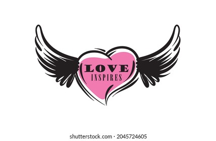 Drawn vector illustration of a heart and wings on a white background