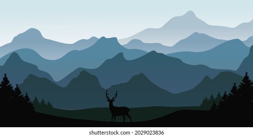 Drawn vector illustration of mountains, forest and deer silhouette. Use for backgrounds, travel, books. The landscape is silhouetted. Large forest trees and deer. Dawn in the forest.