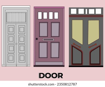  drawn vector illustrations - old vintage doors.Isolated on pink background.