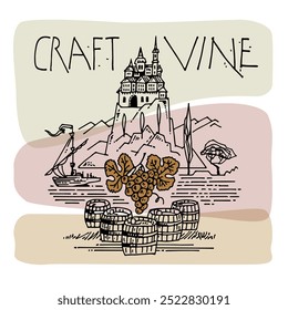 Drawn vector landscape with a fortress, ship, grapes and barrels. For packaging and labels