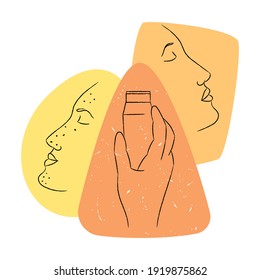 Drawn vector linear illustration of hand and ultrasonic device for cleaning skin. In background, face with acne and healthy, clean face are depicted. Concept cosmetic procedures, dermatology, spa.