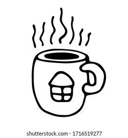 drawn vector mug with a picture of a house on it and a hot drink inside