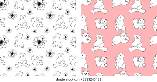 Drawn vector pattern with flowers and bears. Kartun. Children's fabric pattern. Gift wrapping paper. Seamless fabric print. Background. Bear. Cute. Children's holiday.