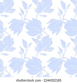Drawn vector pattern of magnolias.  White background.  Blue flowers.  Home textiles.  Textile.  Fabric flower pattern.