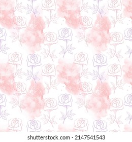 Drawn vector roses. Endless floral pattern in delicate pastel colors against the backdrop of watercolor stains.