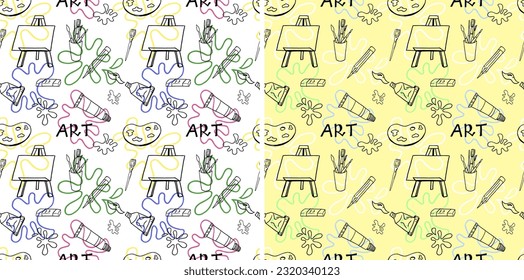 Drawn vector seamless art pattern. Drawing. Everything for drawing. Artist. Pattern. Fabric print. Brushes. Easel. Paints. Wrapping paper. Sketch.