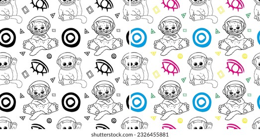 Drawn vector seamless pattern of cats. Cats in space. Monochrome print. Wrapping paper. Children's theme. Space. Cats in space. Sketch.