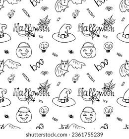 Drawn vector seamless pattern. Halloween. Autumn holidays. America. Traditions. Seamless fabric print. Wrapping paper. Decor. October. Autumn. October 31.
