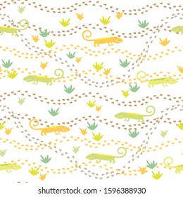 drawn vector seamless pattern, lizard dinosaurs walk in the desert and leave footprints