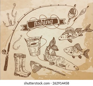 The drawn vector set: fishing. Rod, salmon, perch, bucket, fishing hooks, net, float, gumboots. Vector 