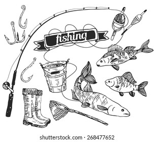 The drawn vector set: fishing. Rod, salmon, perch, bucket, fishing hooks, net, float, gumboots. Vector 