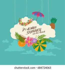 Drawn Vector Sign in the form of a Cloud with Beach Accessories and Tropical Floral Decorations
