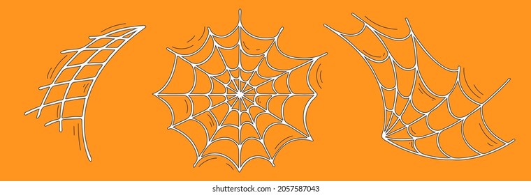 Drawn vector spider web in cartoon style. Halloween decor set. White illustration with dark strokes on an orange background.