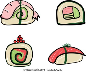 Drawn vector sushi with shrimp and salmon. Illustration of a cartoon sushi set.