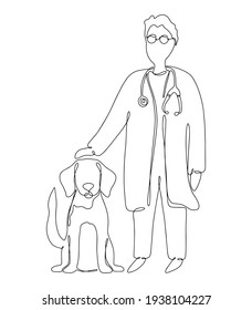 Drawn veterinarian doctor examining and care of sick dog. Pet health care service concept. Continuous line drawing design for banner, flyer, vet clinic, veterinary. Vector illustration one line art.