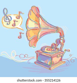 Drawn vintage gramophone and notes