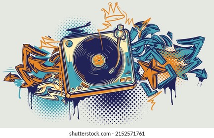 Drawn vinyl record turntable with graffiti arrows, colorful music design