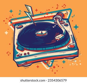 Drawn vinyl records turntable and musical notes, colorful music design