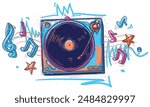 Drawn vinyl records turntable player and musical notes, colorful music design