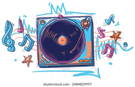 Dibujado vinilo graba tocadiscos y notas musicales, diseño de música colorida