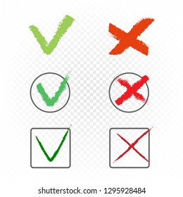 Drawn voting thin and thick various check marks sign symbol set template. Green tick pictogram. Accept agree approved correct good confirm or not wrong incorrect drawing choice vector illustration