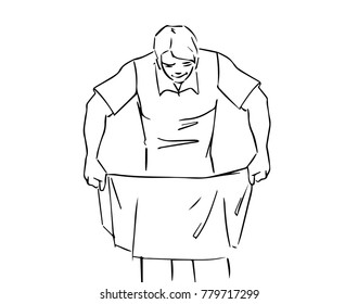 Drawn waiter puts on or takes off his apron. Black and white vector sketch. Simple drawing isolated at white.
