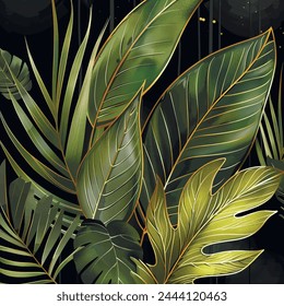 Dibujado patrón de follaje botánico acuarela con plantas verdes tropicales, hojas, líneas de oro. Vector frondoso pintado hermoso fondo. Patrón floral. Arreglos abstractos de moda con plantas tropicales.