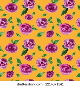 Drawn watercolor roses in vector format. Seamless vector floral print. Orange background. Purple. Peonies. Roses. Violet. Watercolor. Fabric print.