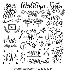 Drawn wedding set of laurels, rings, flowers, hearts etc. Vector handwritten phrases collection Save The Date, RSVP, Will You, And. Graphic background for festive invitations, cards,overlays.