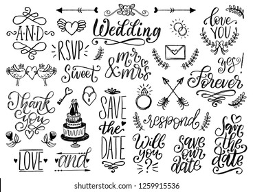 Drawn wedding set of laurels, rings, flowers, hearts etc. Vector handwritten phrases collection Save The Date, RSVP, Thank You, Forever. Graphic background for festive invitations, cards,overlays.