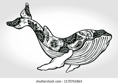 A drawn whale with flowers and leafs are on its body. Tattoo art, graphic, t-shirt design, postcard, poster design, coloring books,spirituality, occultism. Vector illustration.