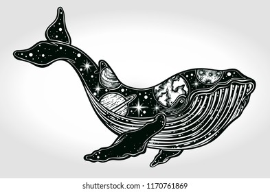 A drawn whale with solar system planets which are on its body. Tattoo art, graphic, t-shirt design, postcard, poster design, coloring books,spirituality, occultism. Vector illustration.