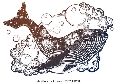 A drawn whale with solar system planets which are on its body. Tattoo art, graphic, t-shirt design, postcard, poster design, coloring books,spirituality, occultism. Vector illustration.