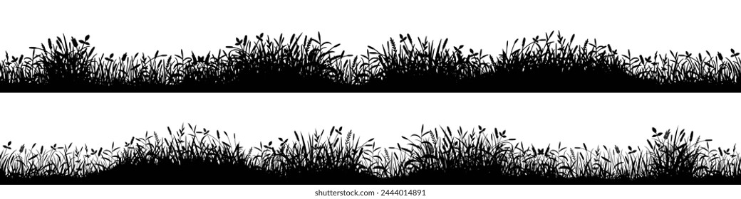 Drawn wild grass isolated on white background, seamless border, vector design