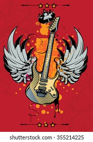 Drawn winged guitar on bright background