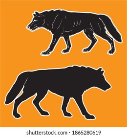 drawn wolf, two isolated silhouette, black on a  orange background, for decoration and stickers. 