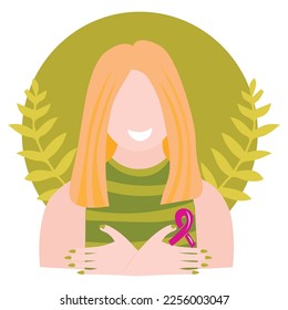 Drawn woman with pink ribbon on white background. Breast cancer 