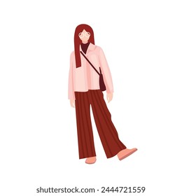 Drawn woman in stylish autumn or spring clothes on white backgro