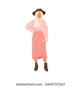 Drawn woman in stylish autumn or spring clothes on white backgro