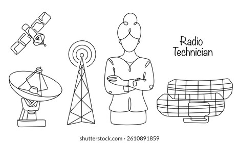 A drawn woman surrounded by radio equipment. A specialist who develops, installs, configures, operates, and repairs devices that operate on radio frequencies. Simple vector for different types of use.